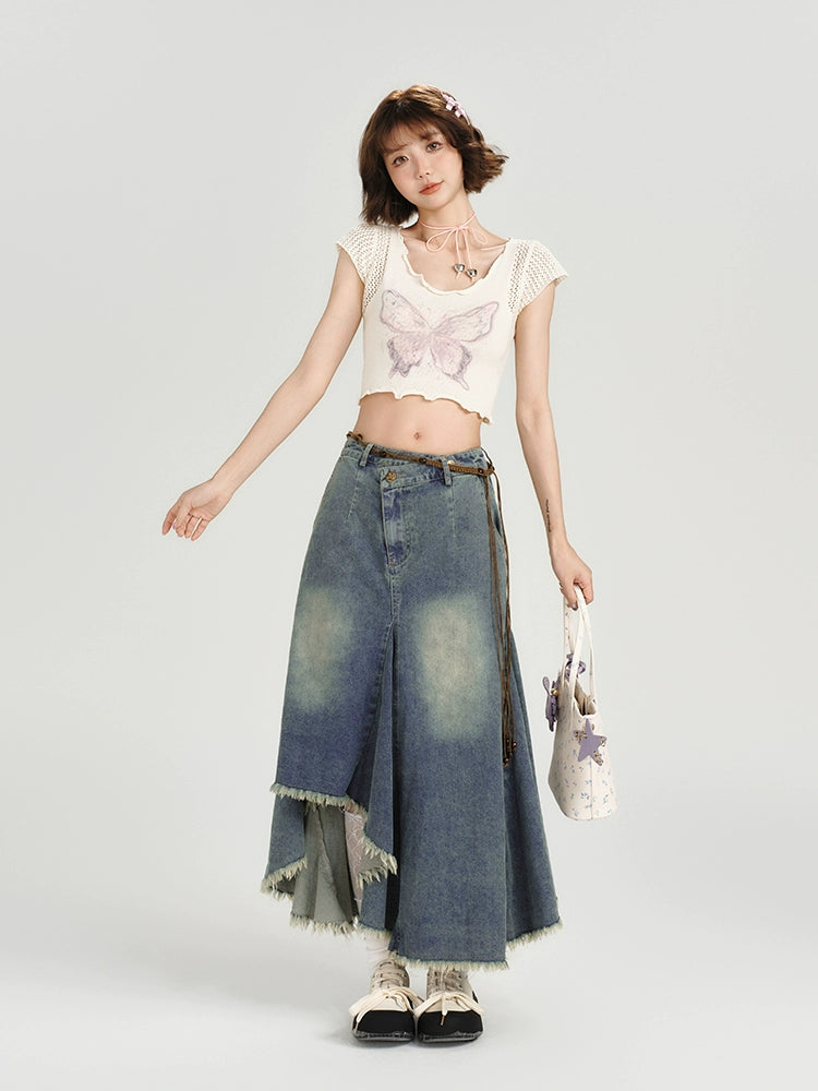 Girlyhalo Vintage High Waist Denim Skirt