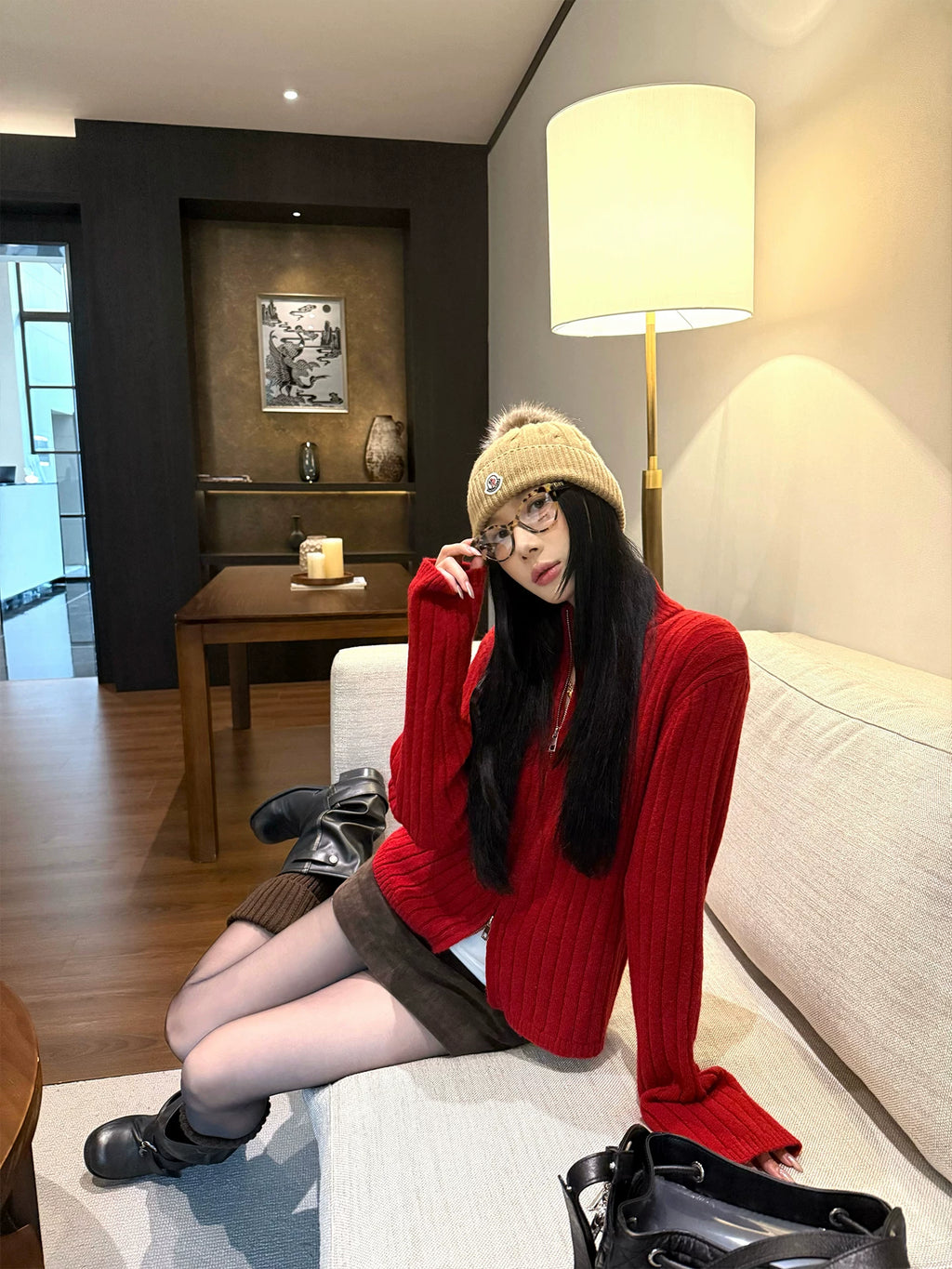 YOUNG KYLIN Thickened Korean Double Zipper Knitted Jacket