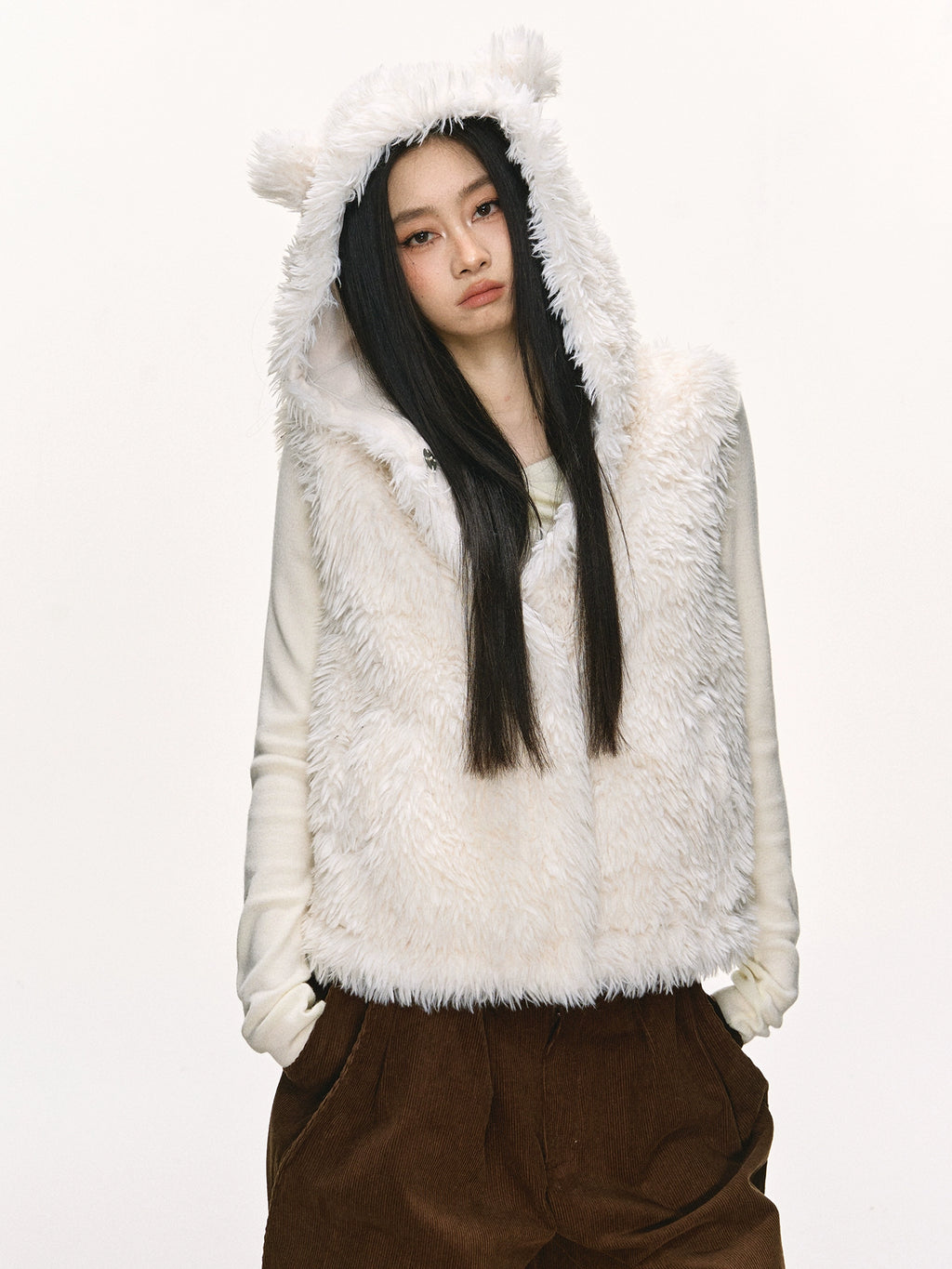 Anna Aneae Bear Ears Cute Hooded Short Fluffy Vest