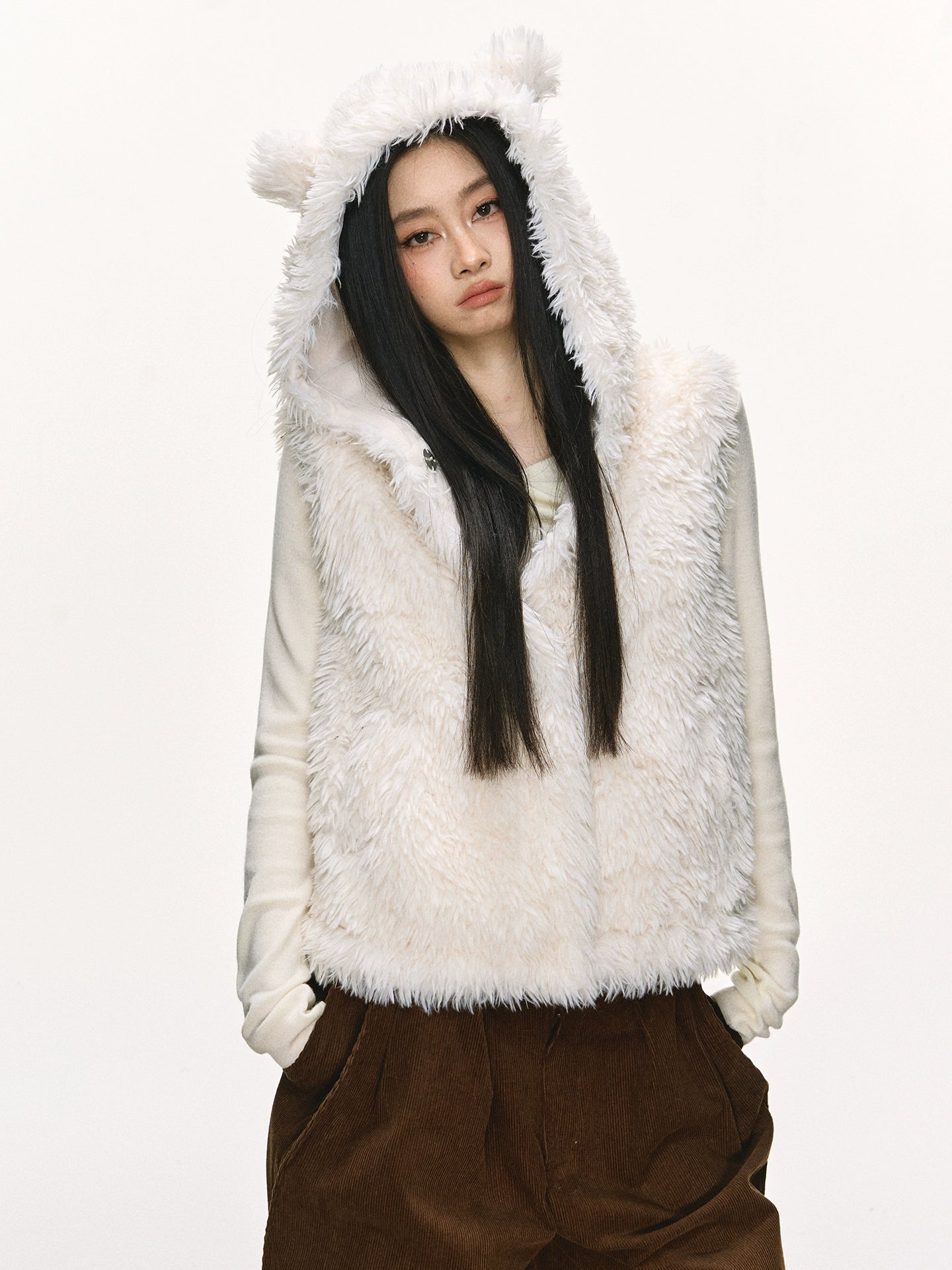 Anna Aneae Bear Ears Cute Hooded Short Fluffy Vest