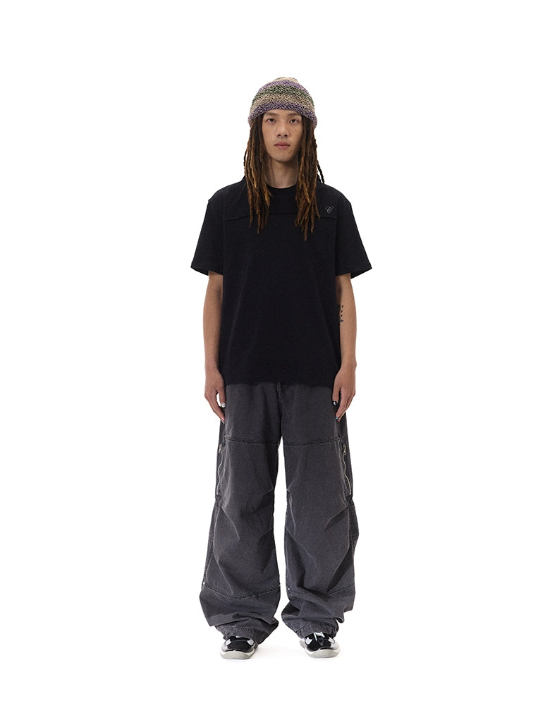 CRICLE CAGE One-word Pleated High Weaving Number Short Wide Embroidery Tee