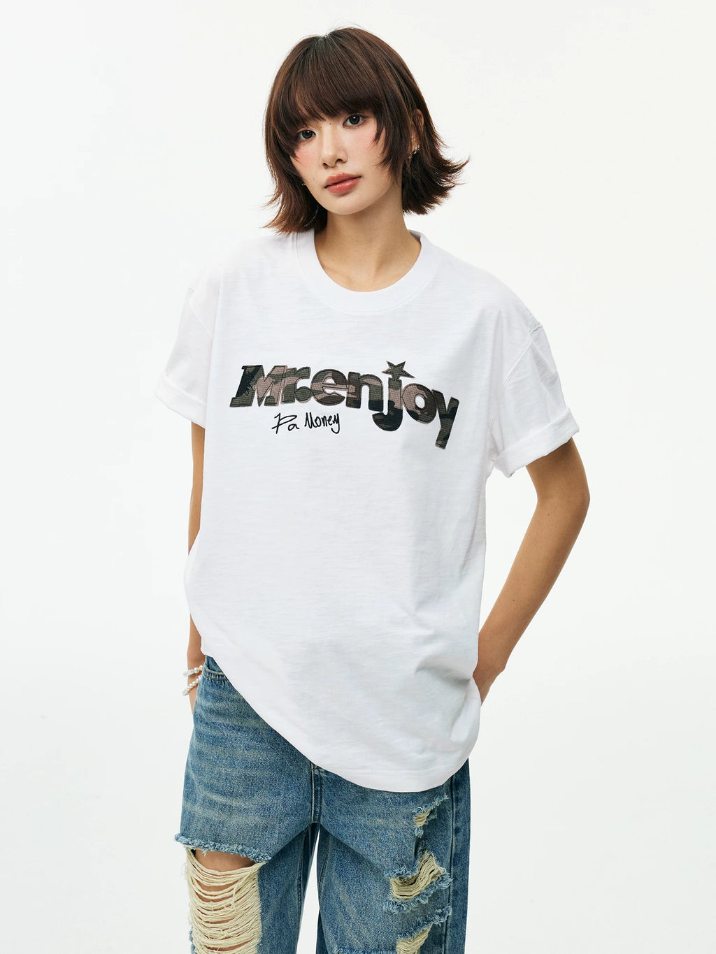 MEDM Cloth Embroidery Casual Round Neck Loose Tee