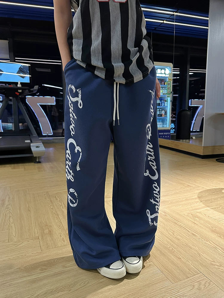 EAHO Side Letter Print Drawstring Wide Leg Sweatpants