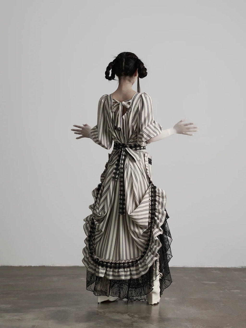 INDULGE Striped Square Neck Lace Patchwork Dress