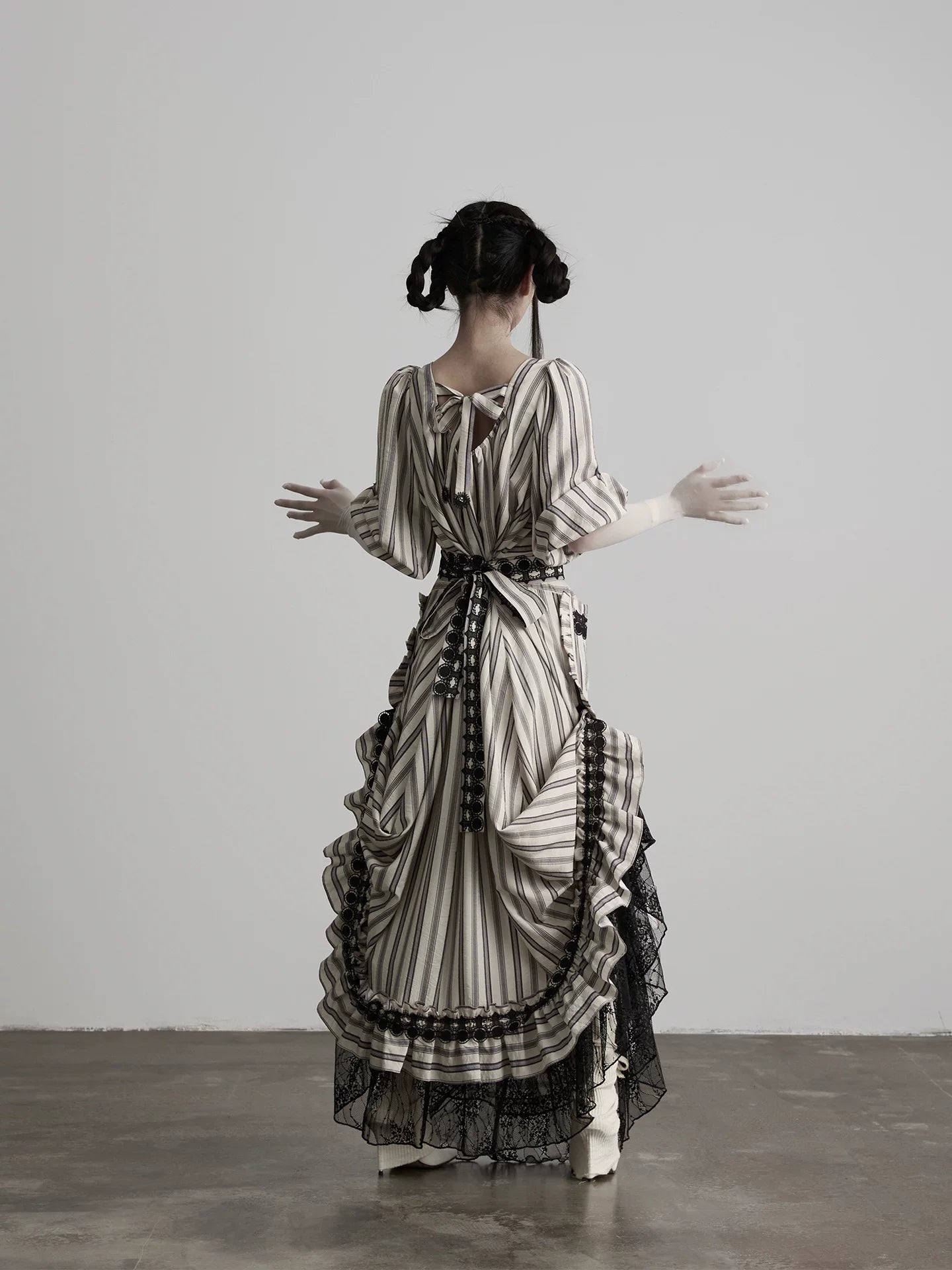INDULGE Striped Square Neck Lace Patchwork Dress