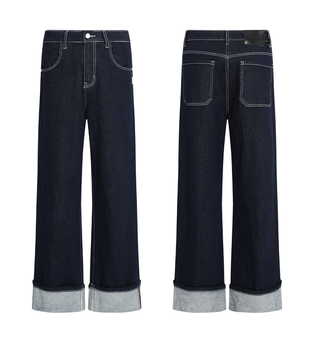 FUNKYFUN 2025SS fold-up pants micro-elastic primary color blue straight jeans