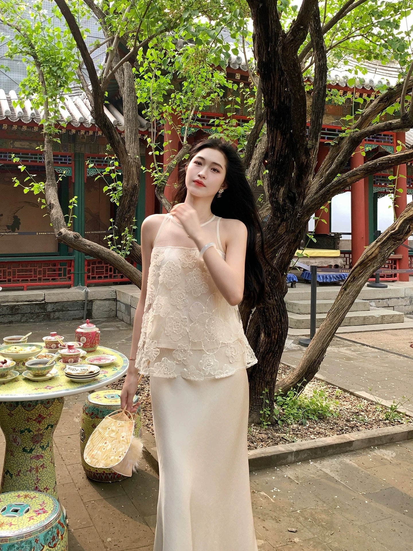 ZIHE Mesh Floral Vest Satin Fishtail Skirt Set
