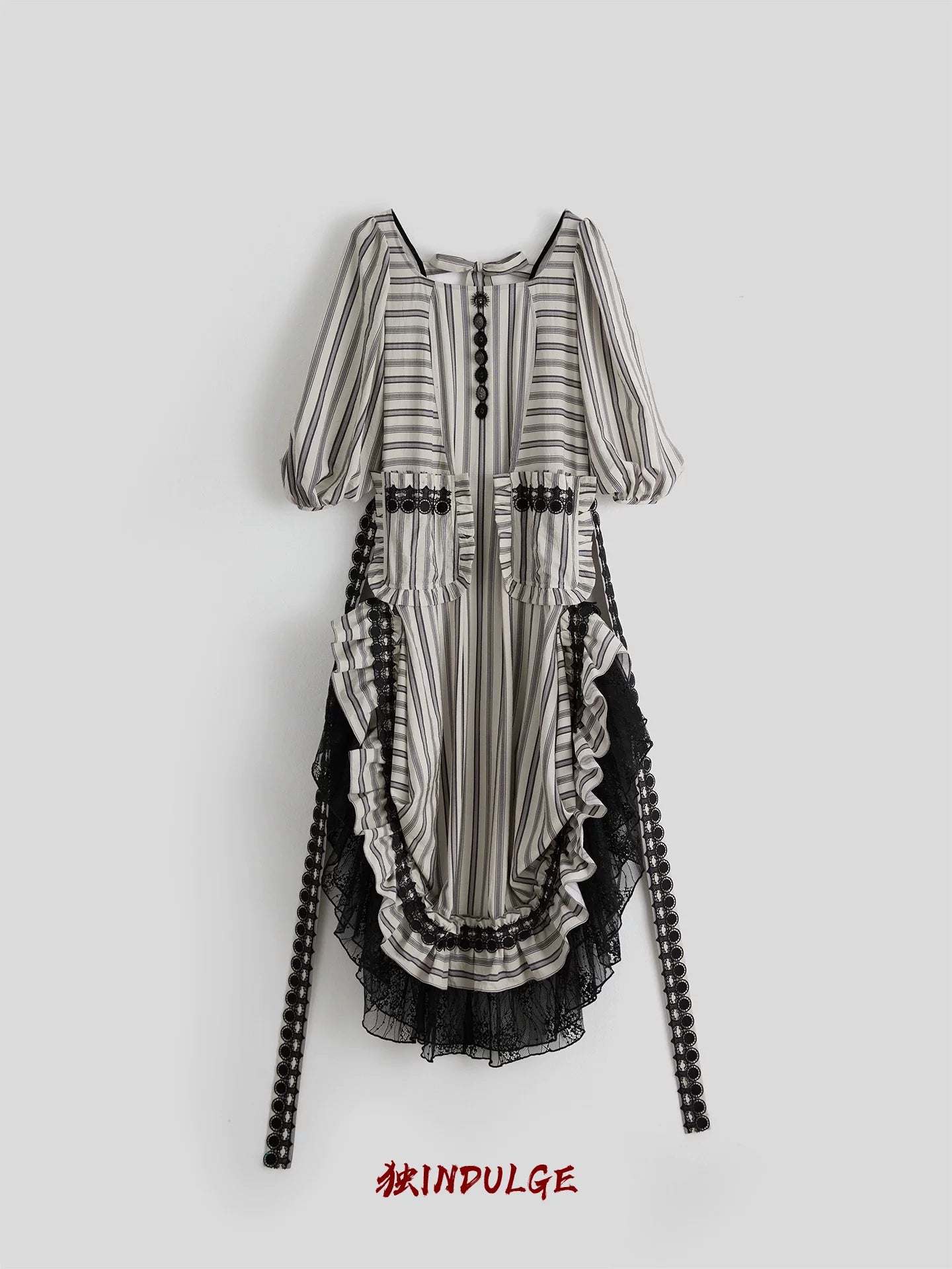 INDULGE Striped Square Neck Lace Patchwork Dress