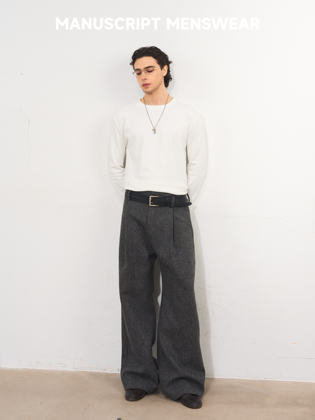 MANUSCRIPT Herringbone Straight Casual Woolen Trousers