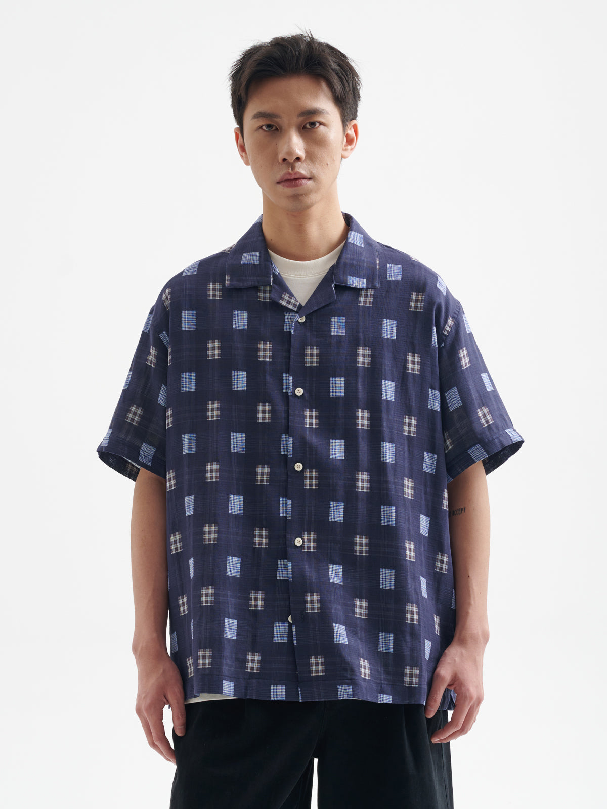 BUTTBILL 25SS Japanese vintage double-layer yarn plaid Cuban collar Short