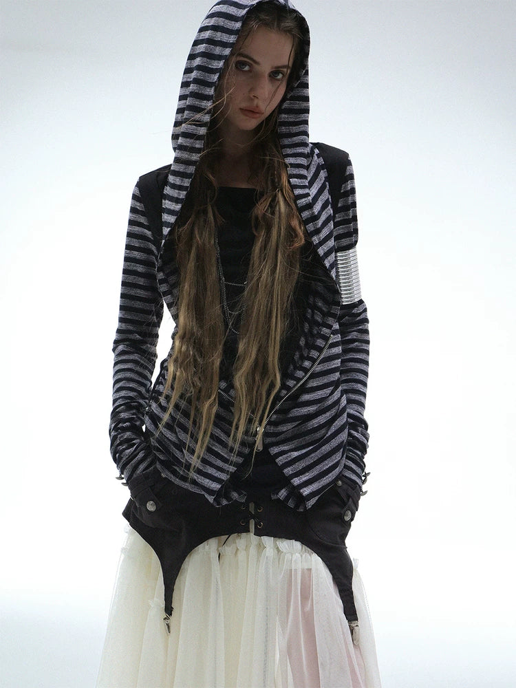 DoublePunch Fake Two-piece Splicing Striped Zipper Long Sleeve