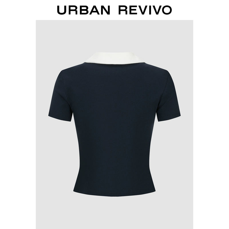 URBAN REVIVO Simple Contrasting Lapel Slim Tee
