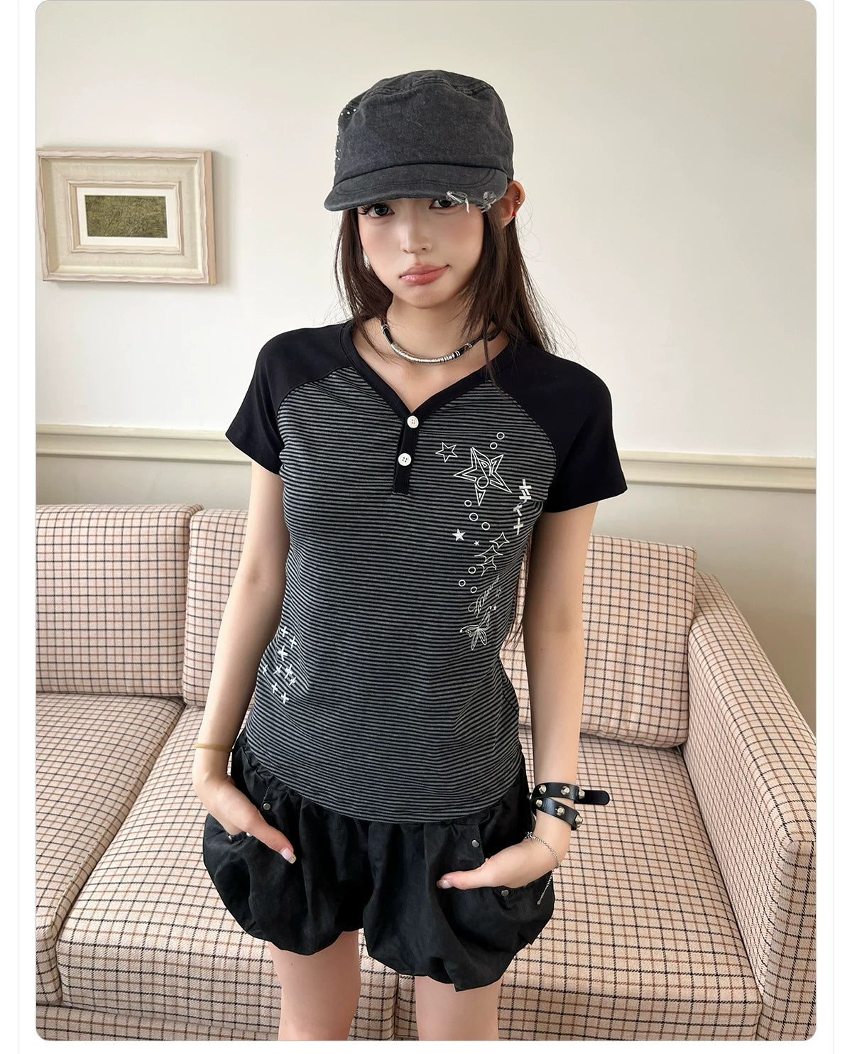 404MOB Henry Collar Color Matching Striped Tee