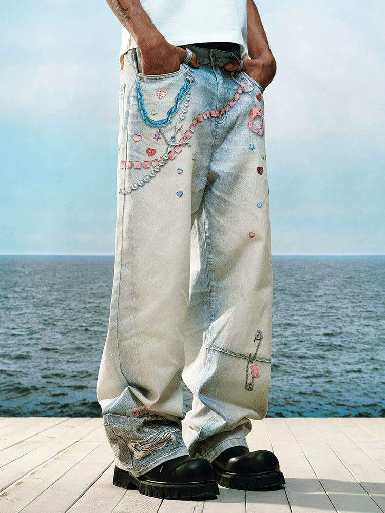 YADcrew Stream Sticker Print Pants Versatile Casual Jeans