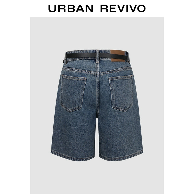 URBAN REVIVO Cat Whisker Washed Belt Denim Shorts