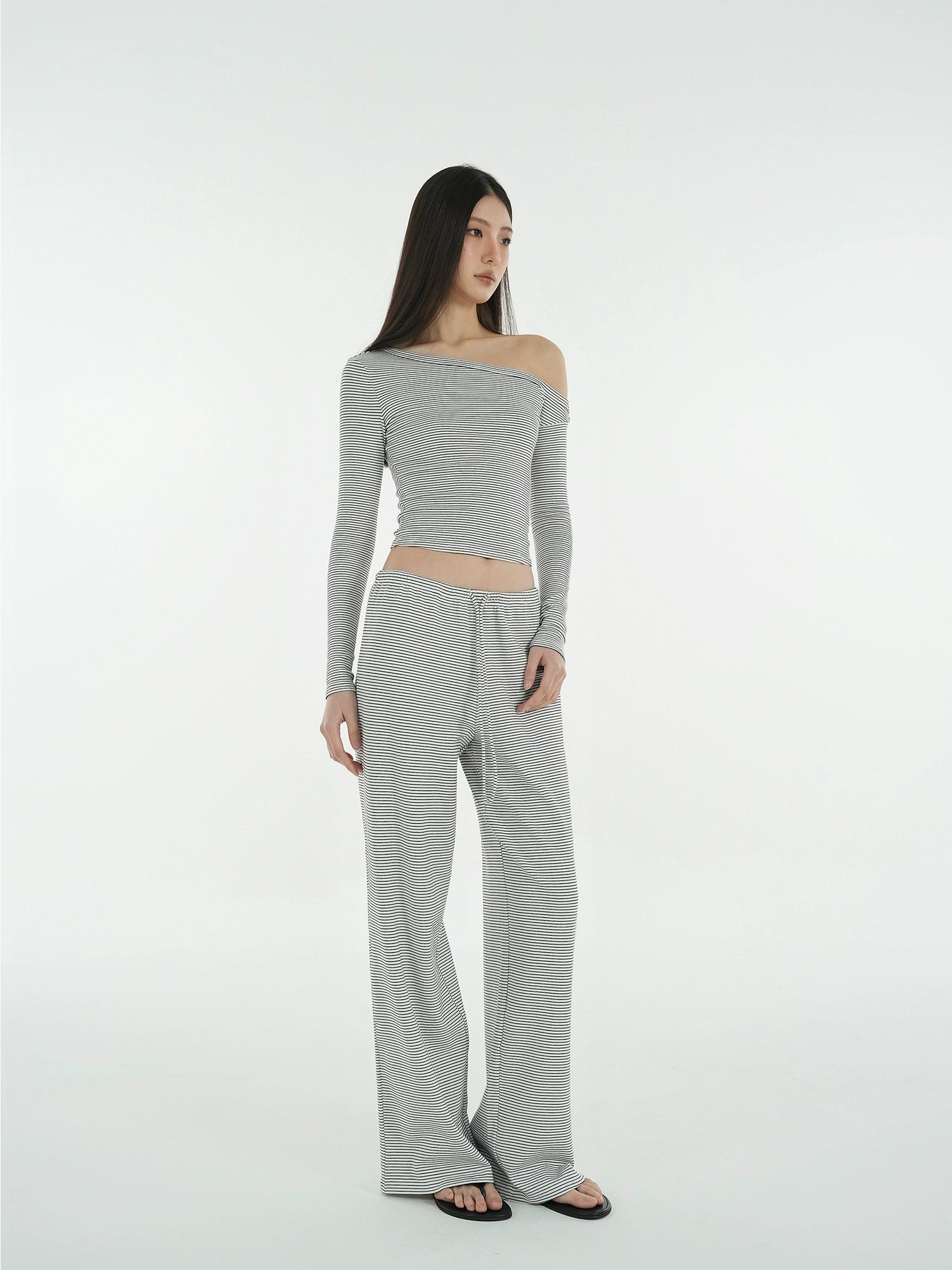 Jim Kennet Striped Slash Shoulder Straight Floor Pants Set