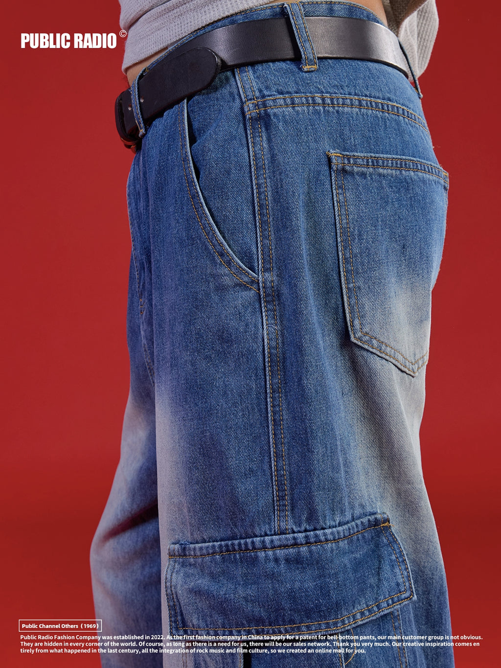 PUBLICRADIO Japanese Retro Primary Color Washed Denim Cropped Pants