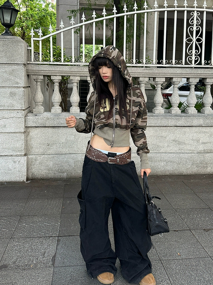 EAHO Vintage Digital Embroidery Camouflage Hooded Sweater