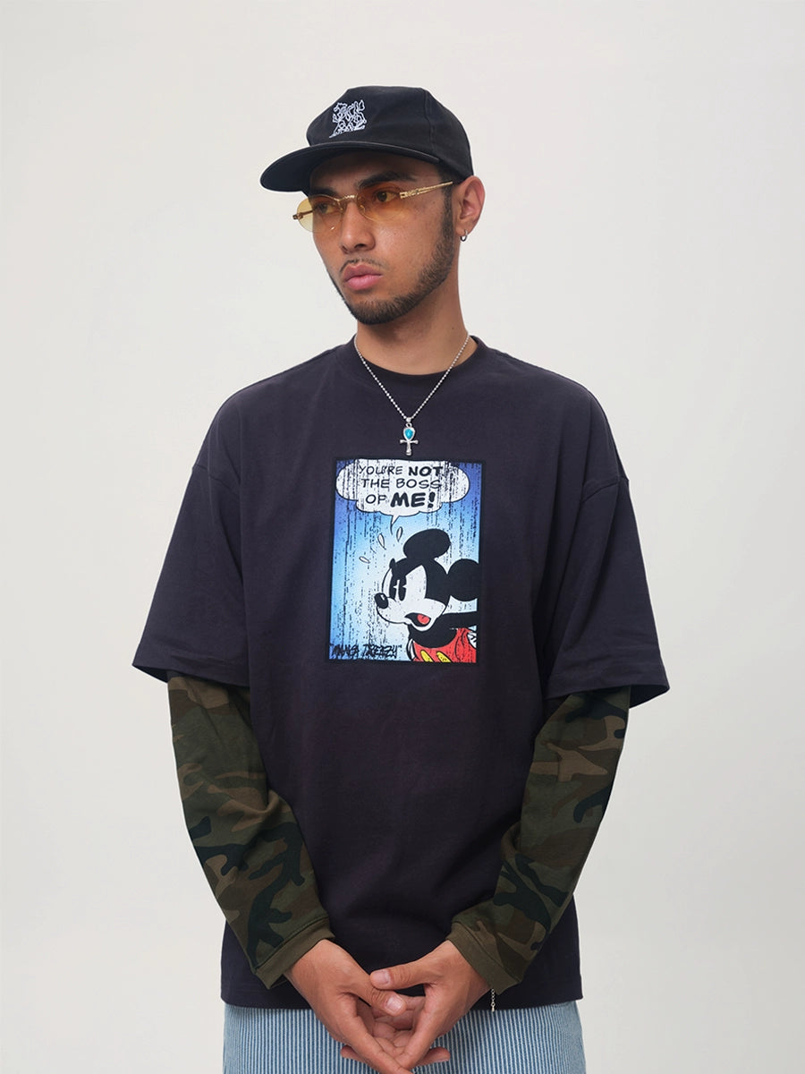 ComicTree Camouflage Fake Two Piece Cartoon Mickey Crew Neck Long Sleeve