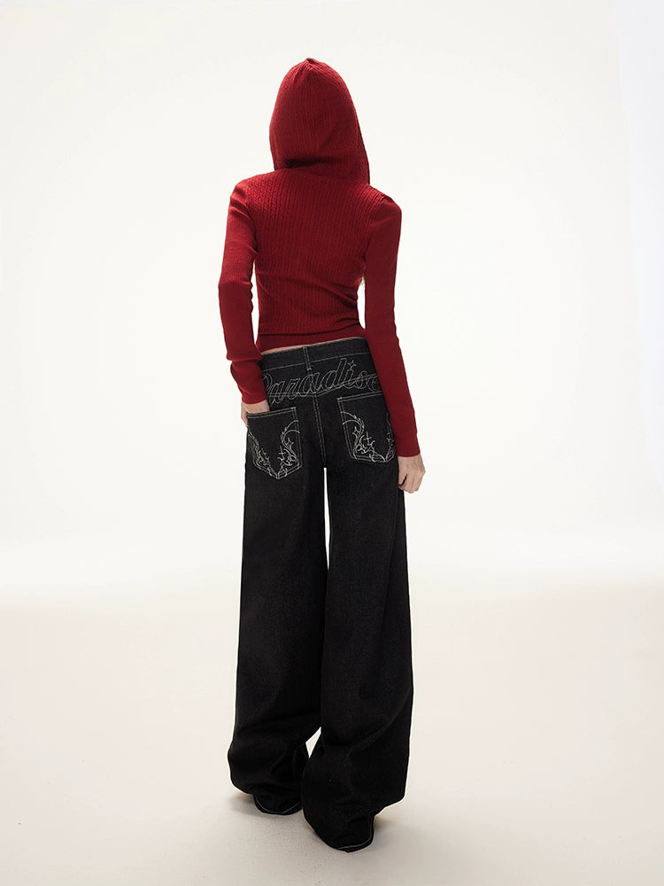 Imone Retro Bright Thread Embroidered Loose and Thin Jeans