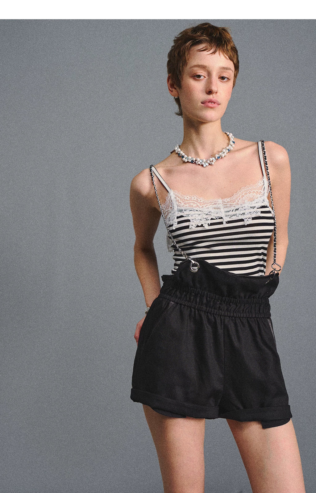 AGAM Vintage Striped Skinny Strap Lace Edge Sling