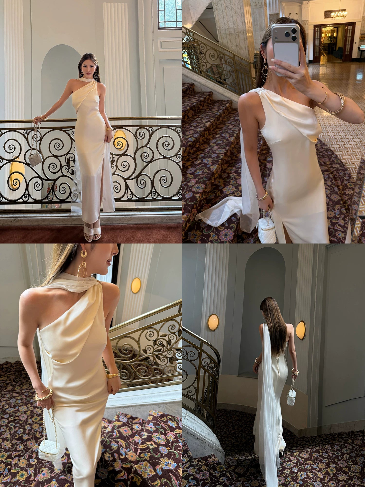 NEVA HU Temperament Satin Slanted Shoulder Streamer Dress