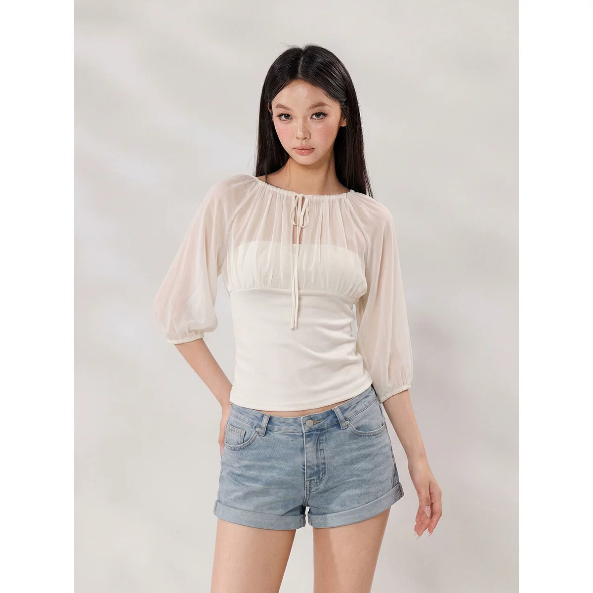 WITHMIN Front Shoulder Waist Thin Fake Two-piece Tee