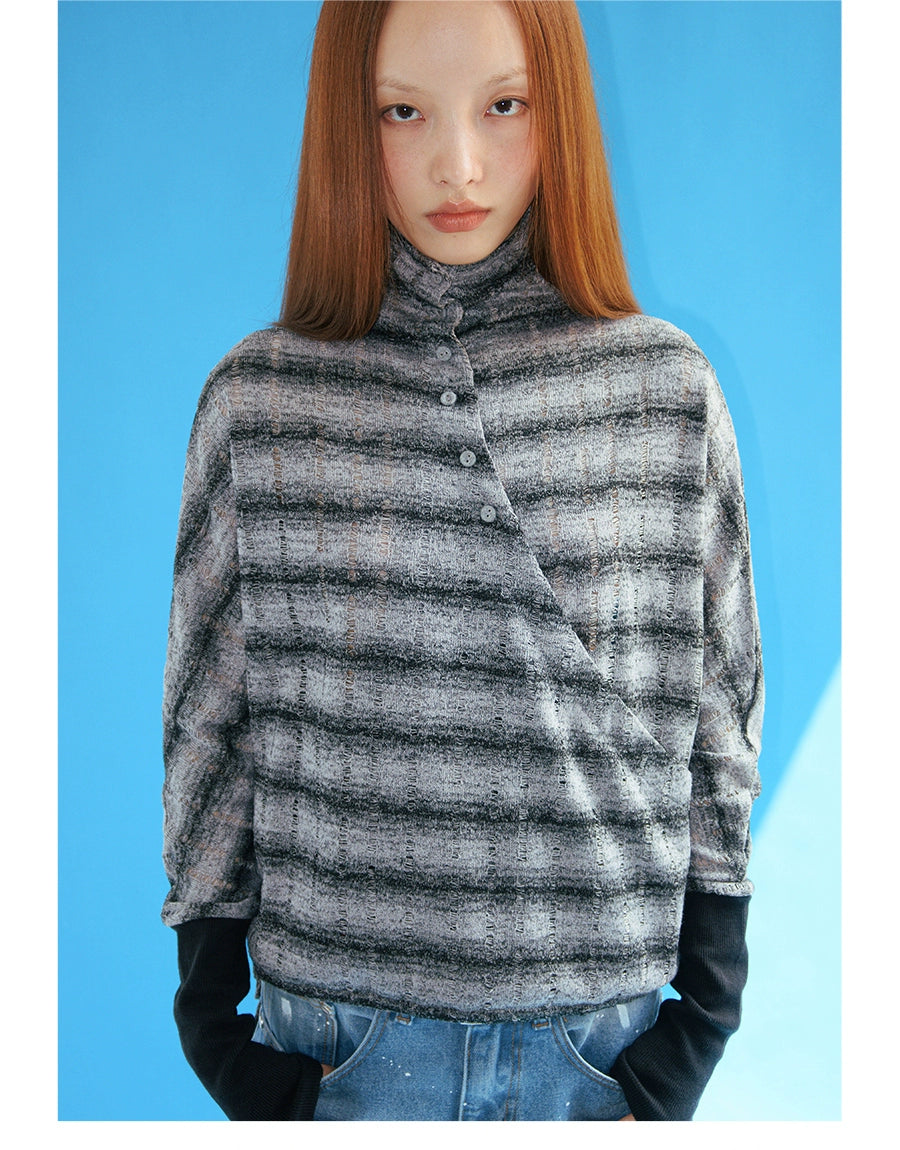 FUNKYFUN Small Turtleneck Hollow Striped Splicing Tee