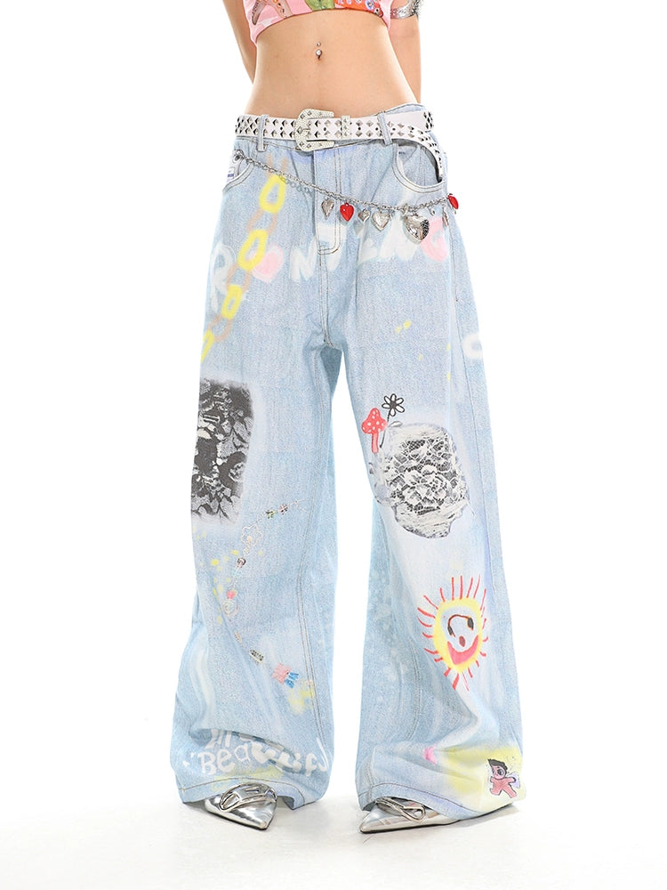 UNCMHISEX Graffiti Wide-leg Jeans