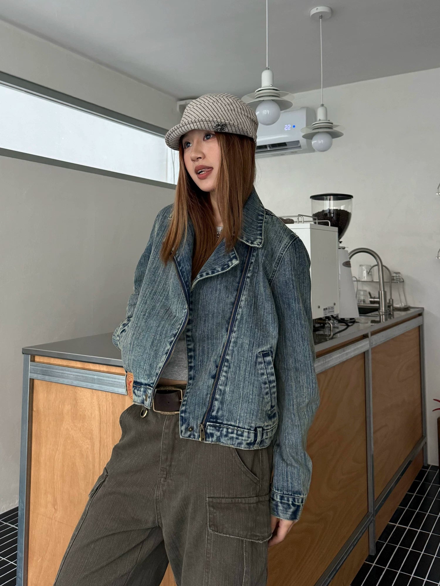 CCYE Retro Slanted Zipper Bamboo Denim Jacket