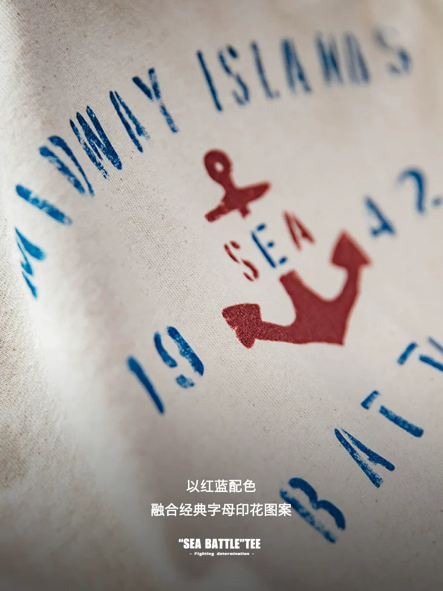 Maden Vintage Anchor Print Letter Crew Neck Tee