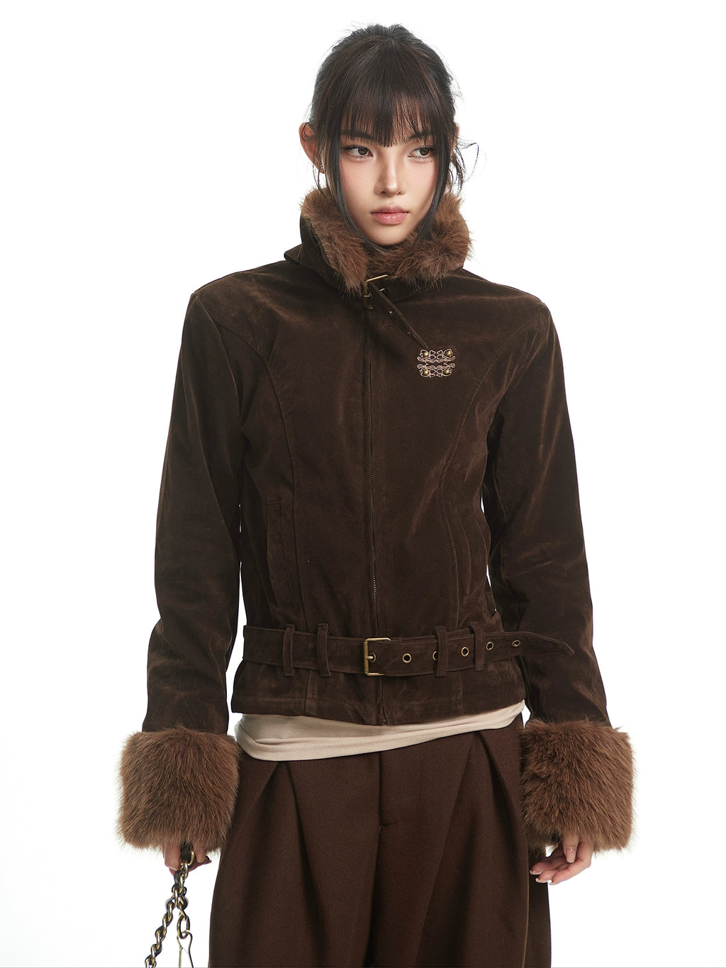 UNCMHISEX Vintage Fur Collar Stitched Deerskin Velvet Cotton Suit