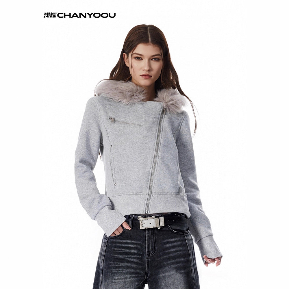 CHANYOOU Retro Diagonal Zipper Short Fur Collar Hooded Sweater