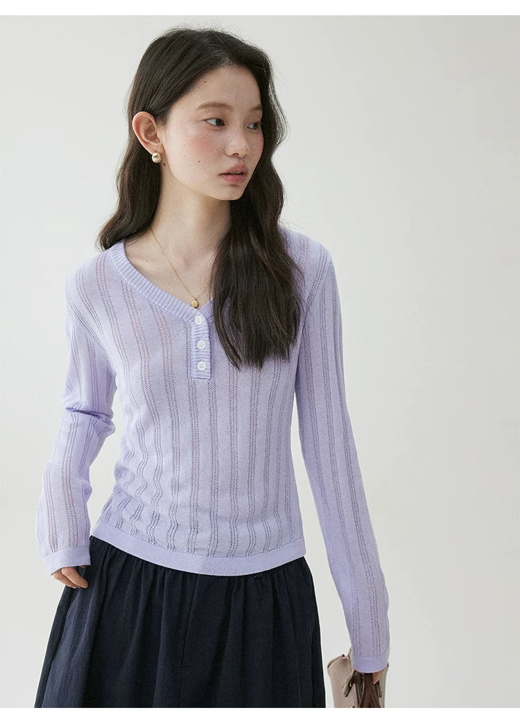 VOOE V Collar Hollow Knitted Versatile Long Sleeves