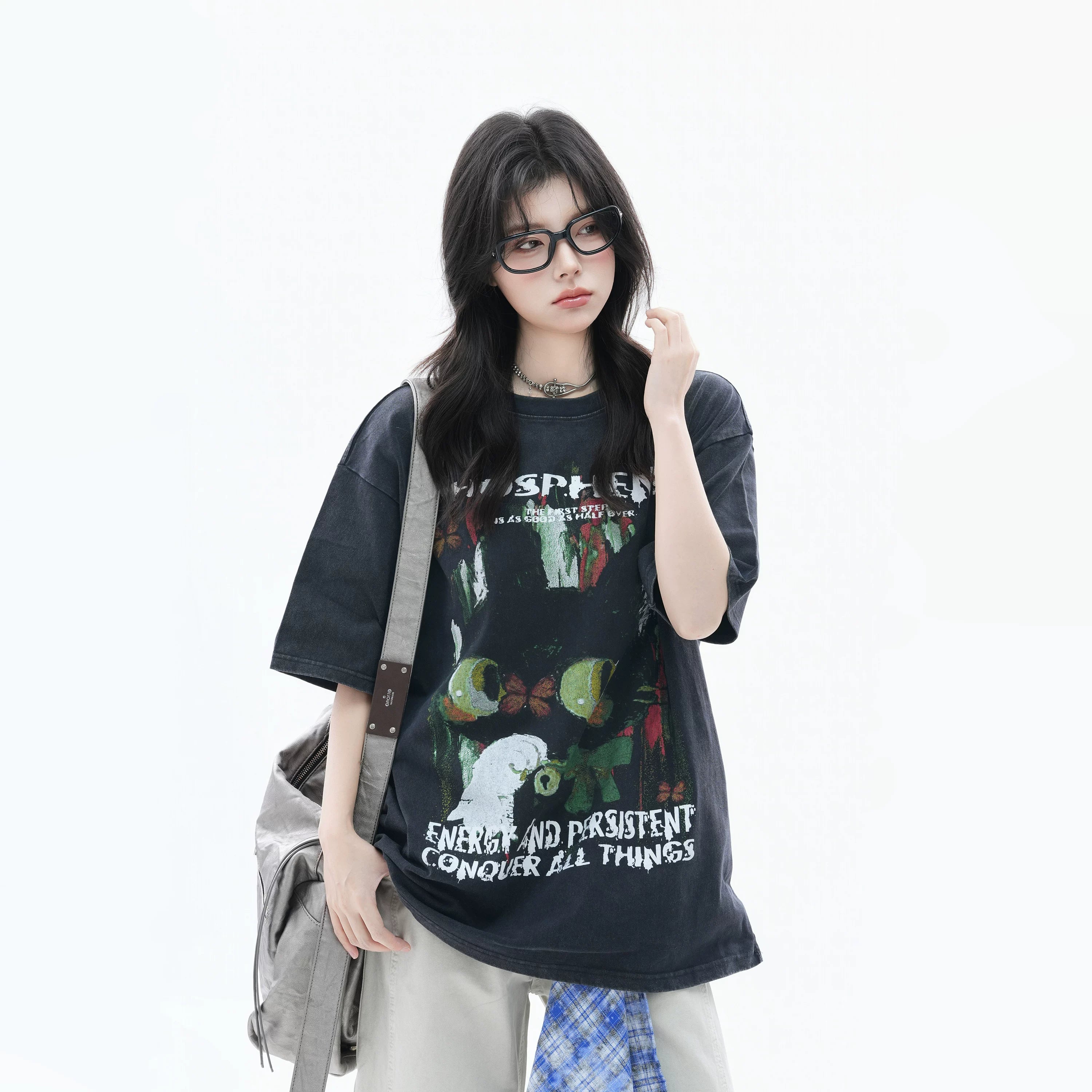 Zuocisankon Oversize Cute Cat Graffiti Print Tee