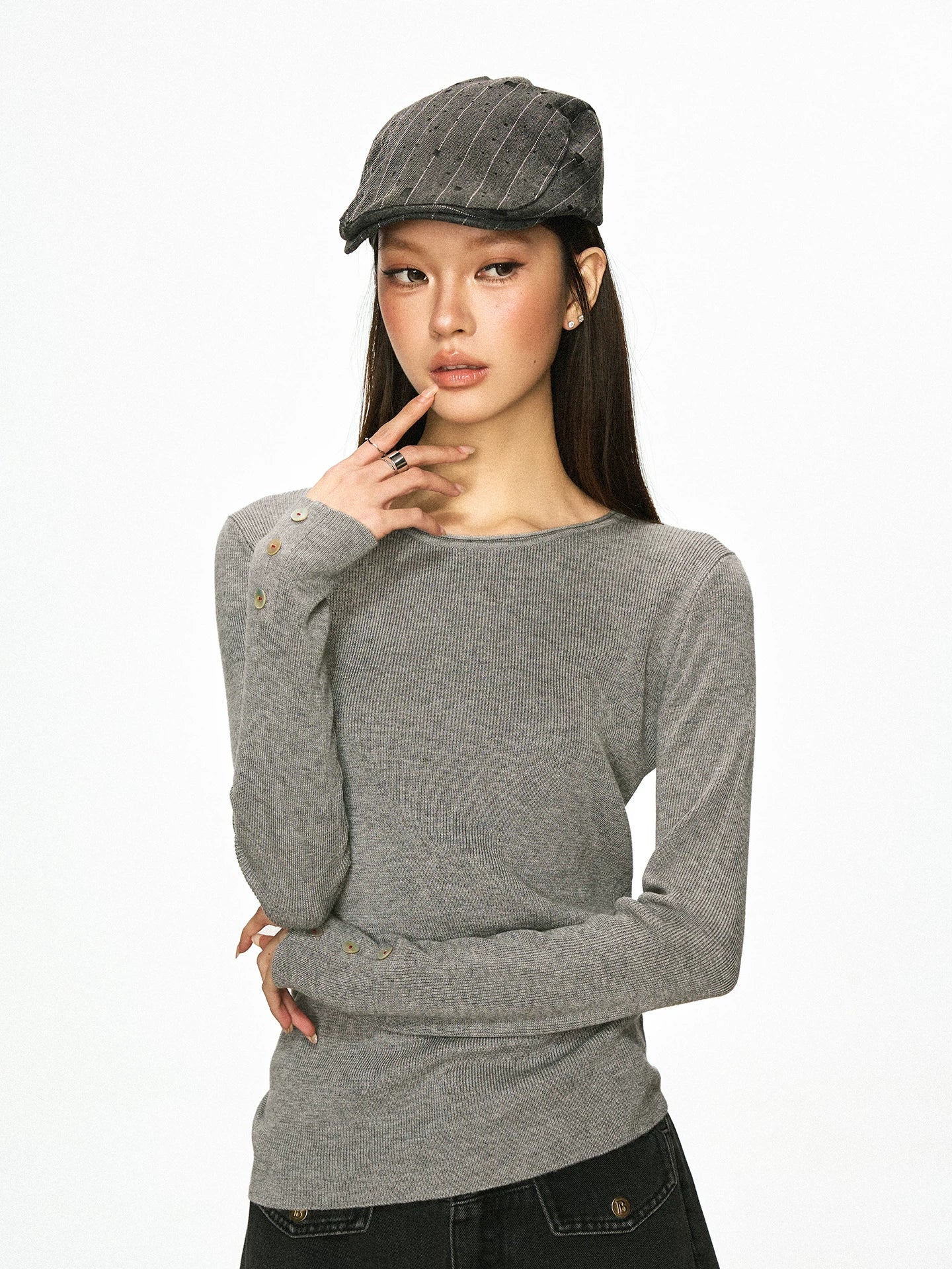 Cherry Melody American-Style Fitted Long-Sleeve Knit Top