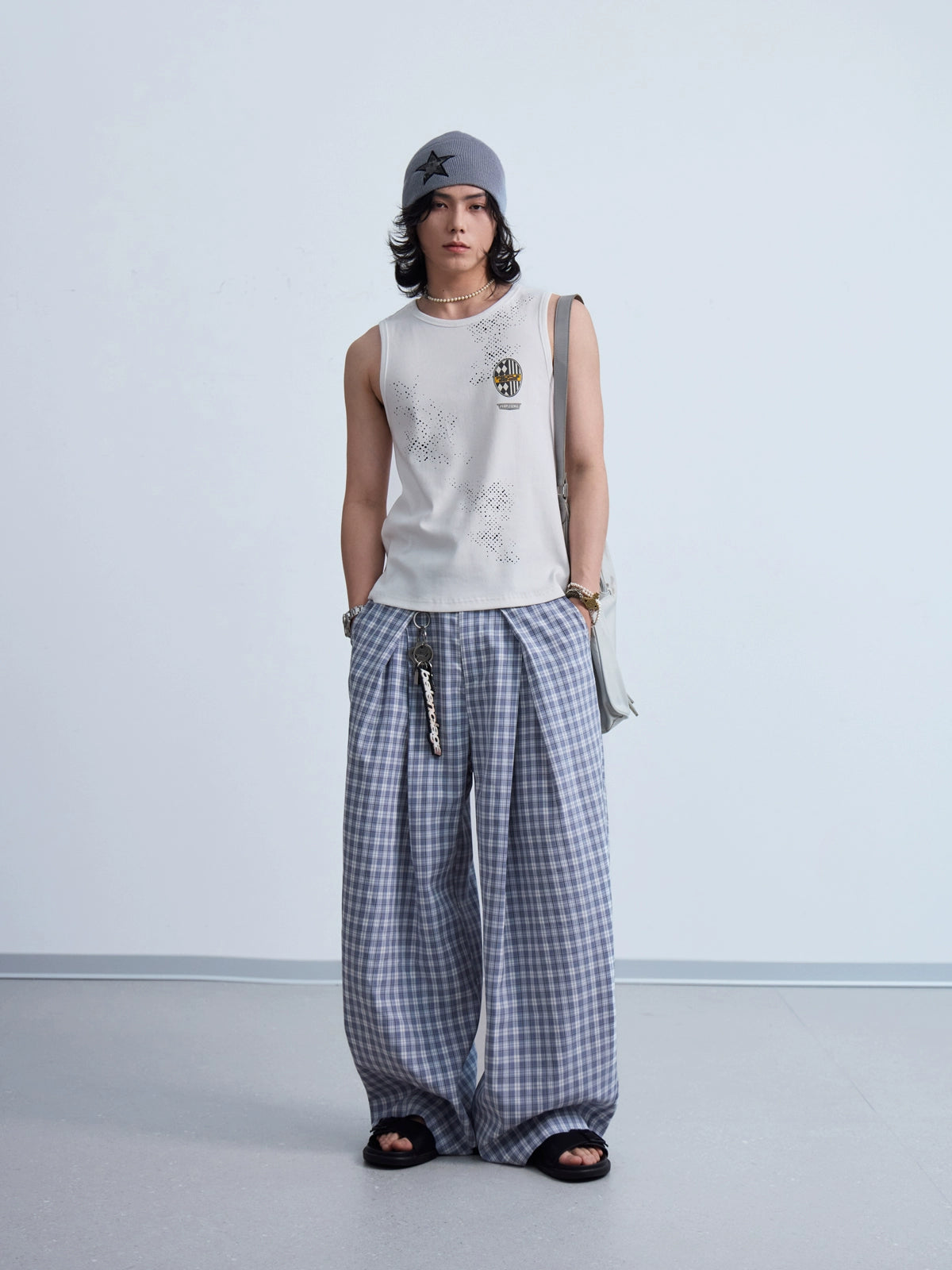 PEOPLESENSE Simple Pleated Three-dimensional Plaid Wide-leg Slacks