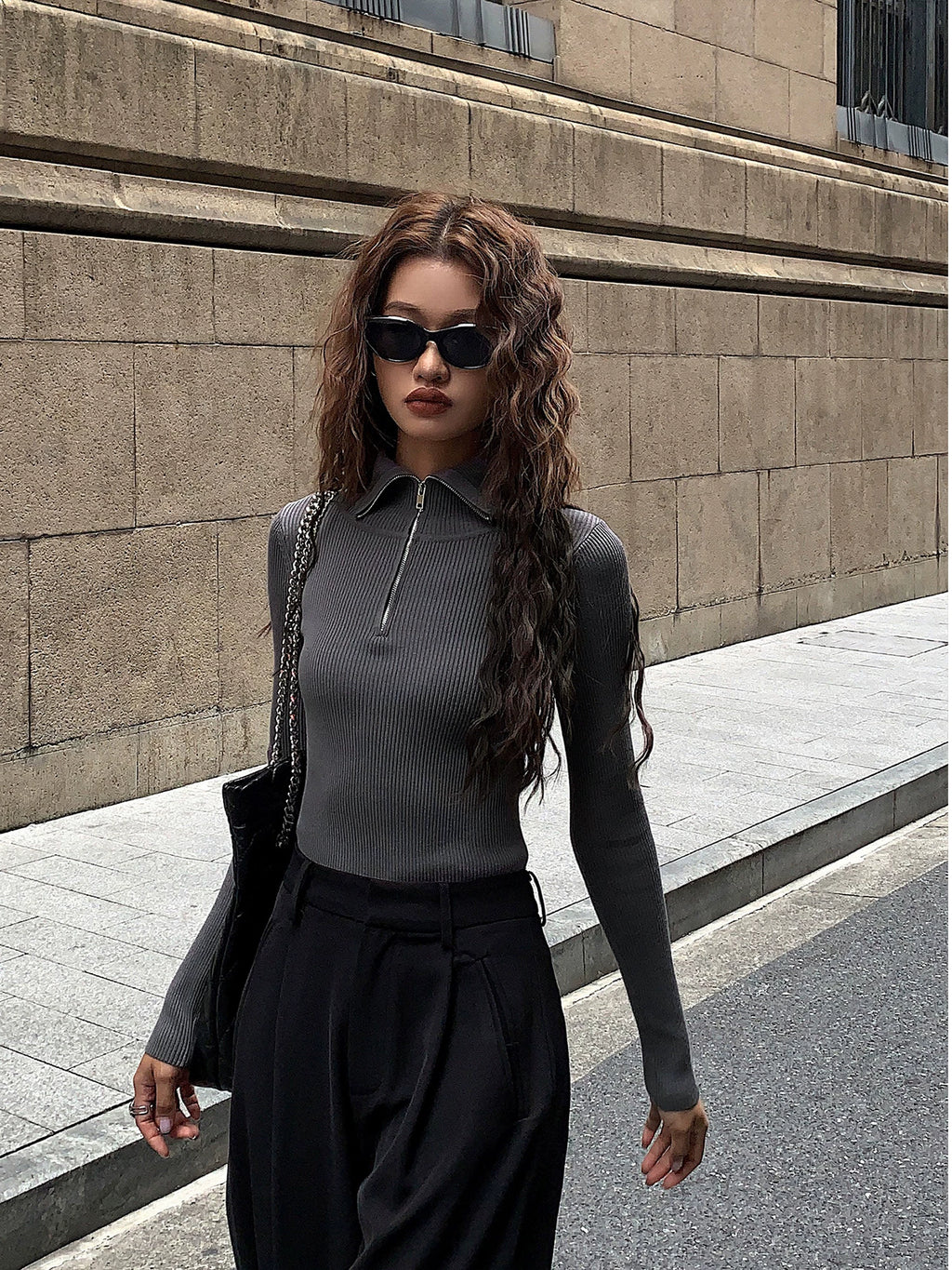 OUSPH Slim-fit Polo Neck Zipper Long-sleeved Knitted Sweater
