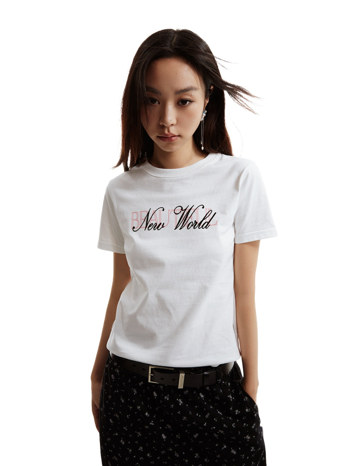 FUNKYFUN Flocking Printed Front Shoulder Tee
