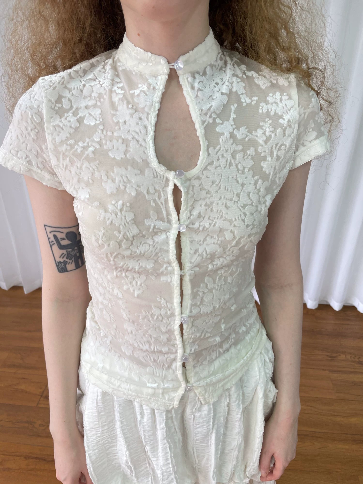 Loosesmell Jacquard Spliced Lace Waist Shirt