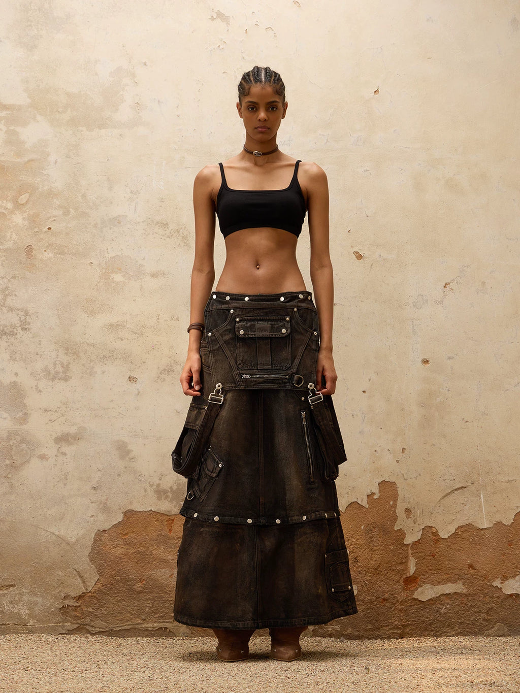 PERSONSOUL Vintage Premium Denim Strap Skirt