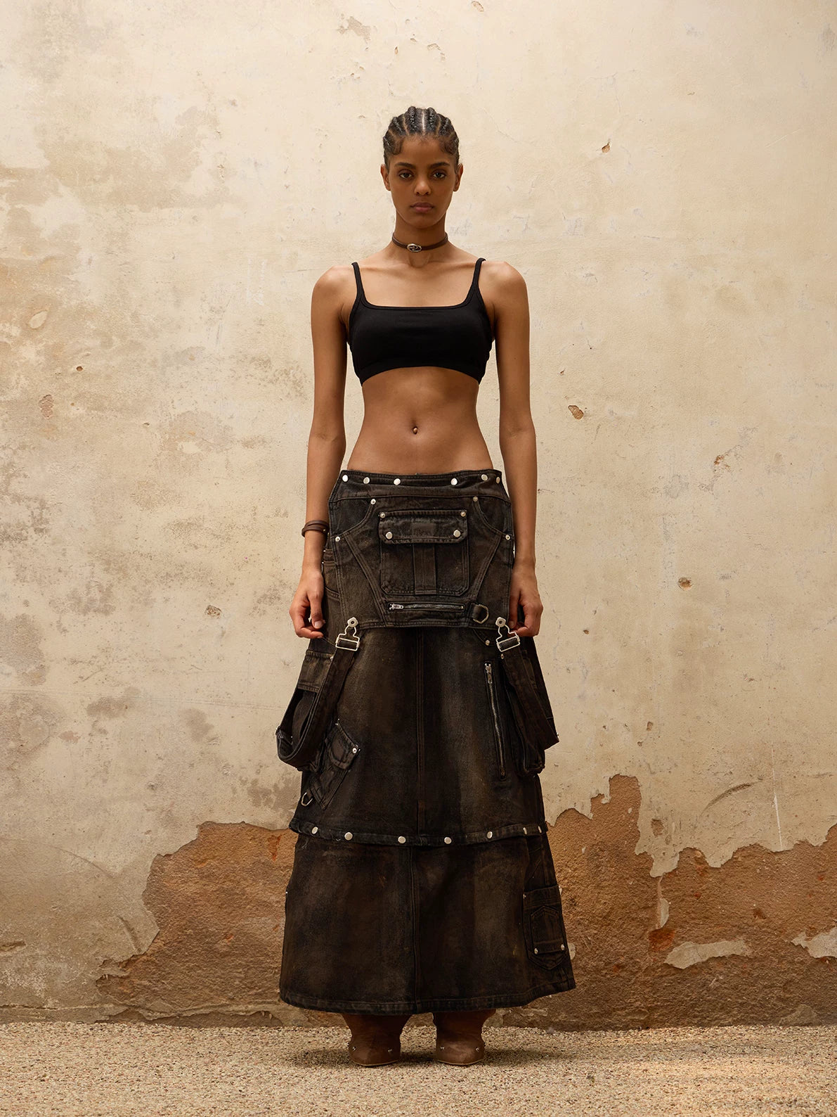 PERSONSOUL Vintage Premium Denim Strap Skirt