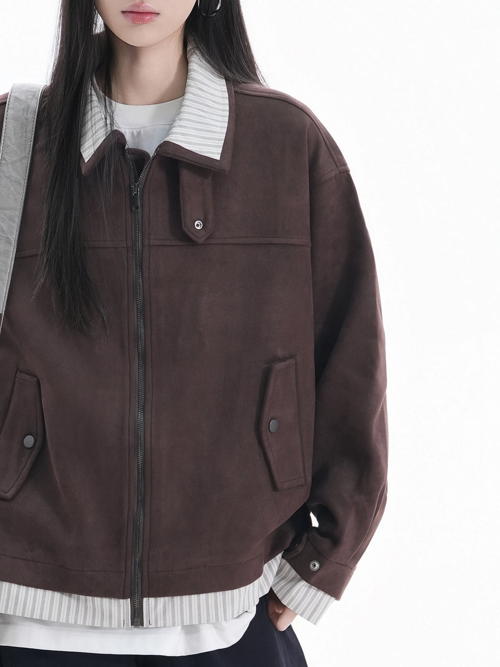 Zuocisankon Vintage Suede Face Splicing Fake Two-piece Jacket