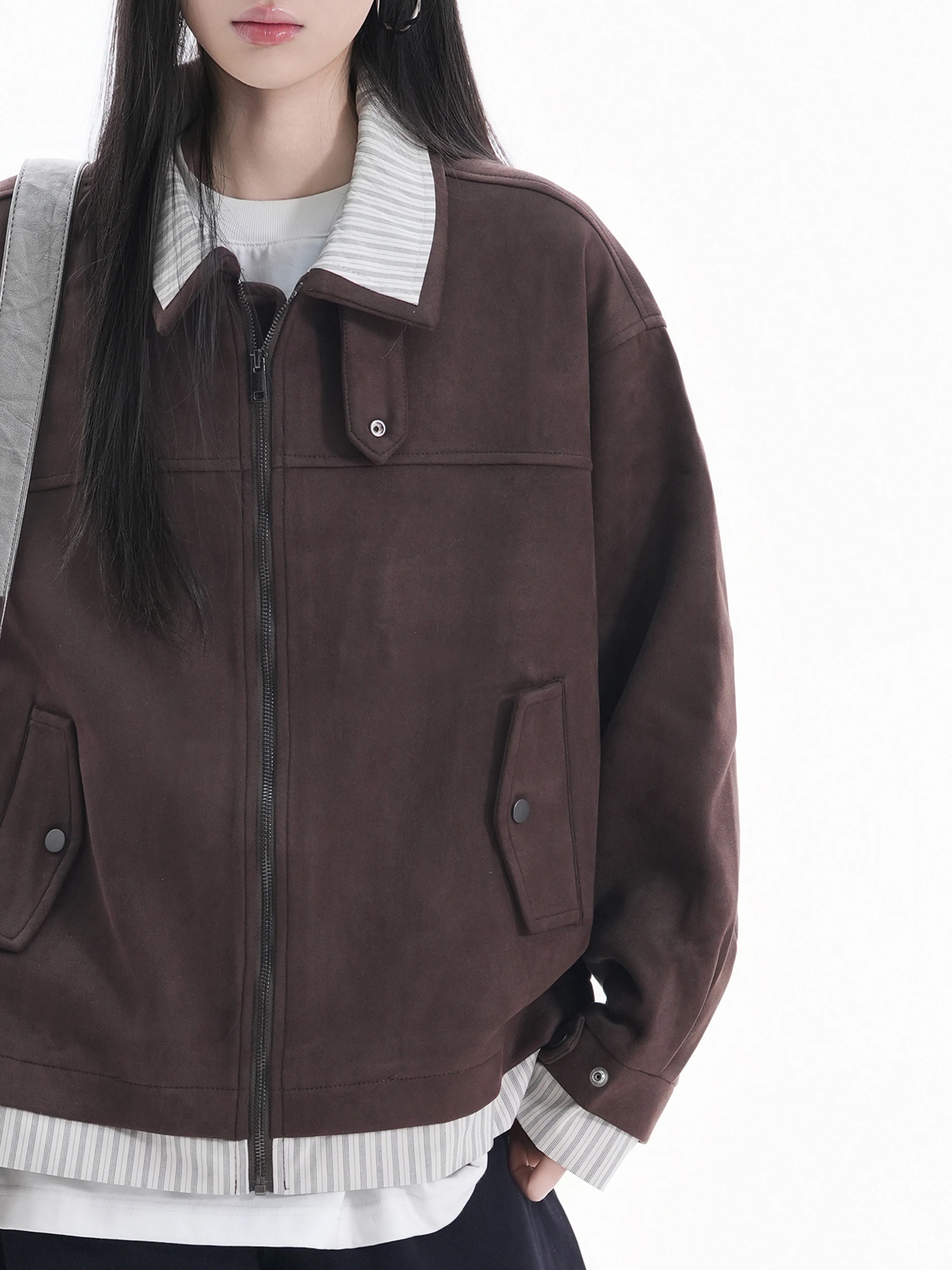 Zuocisankon Vintage Suede Face Splicing Fake Two-piece Jacket