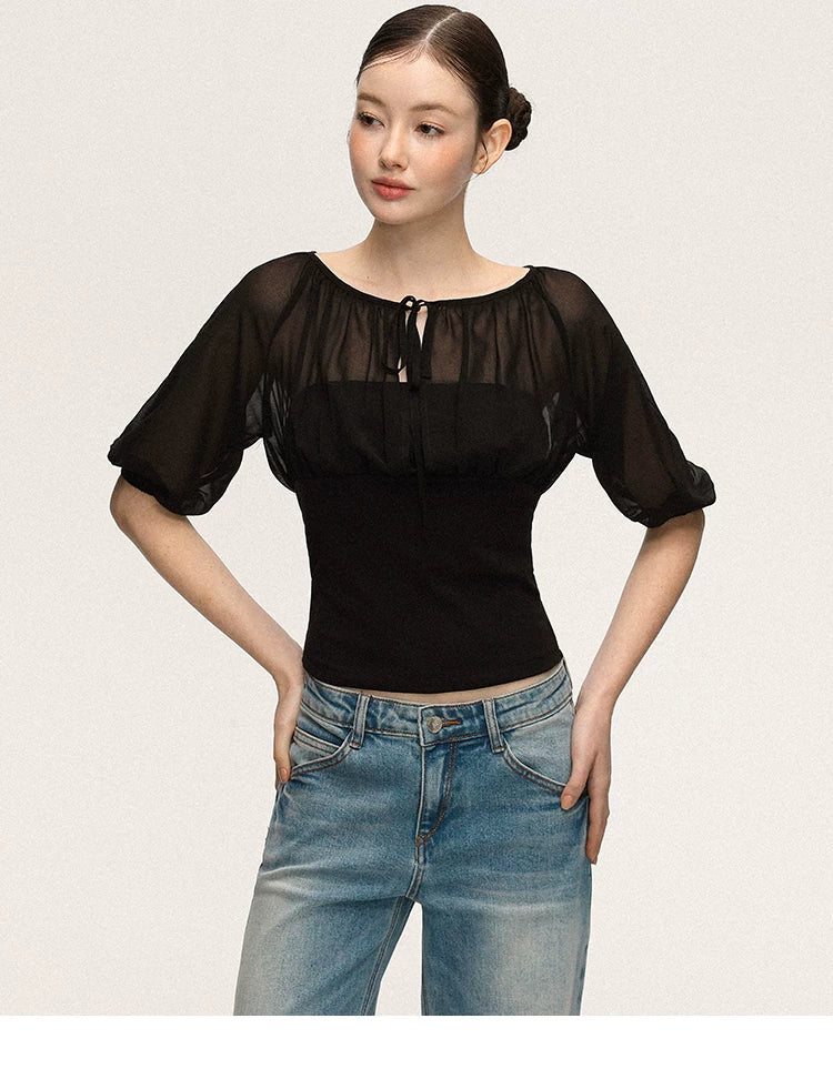 Anna Aneae Mesh Stitching Lace-up Waist and Thin Tee