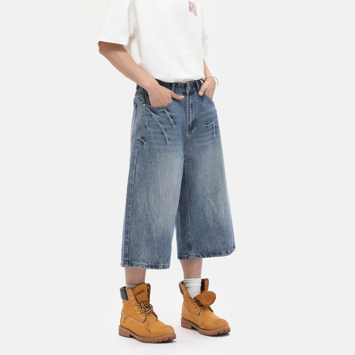 MTLCLOTHES Lightning-pattern Polished White Denim Shorts