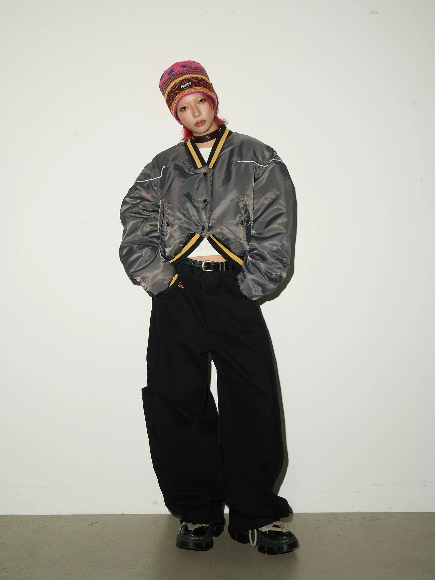 MICHINNYON V Neck Splicing Loose Cotton Jacket