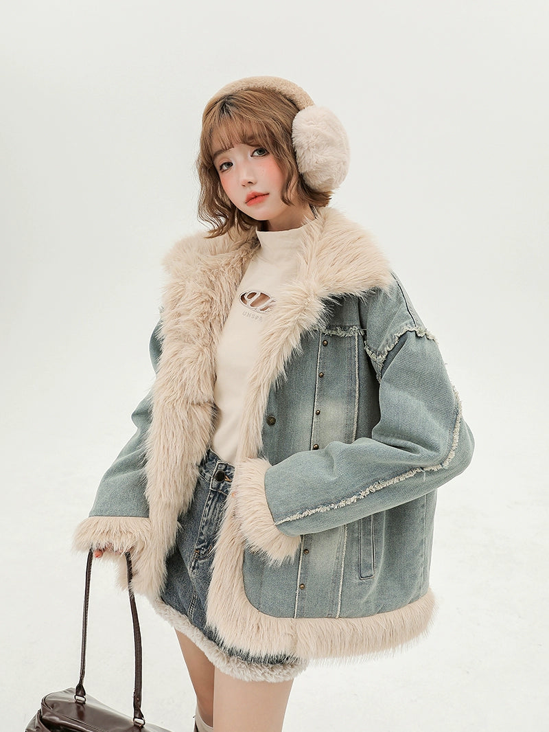 Girlyhalo Vintage Plush Denim Jacket