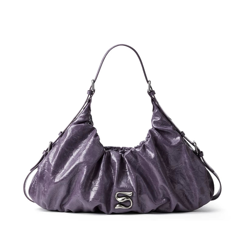 SmoSmos Pleated Dumpling Bag Oil Wax Leather Tote Bag