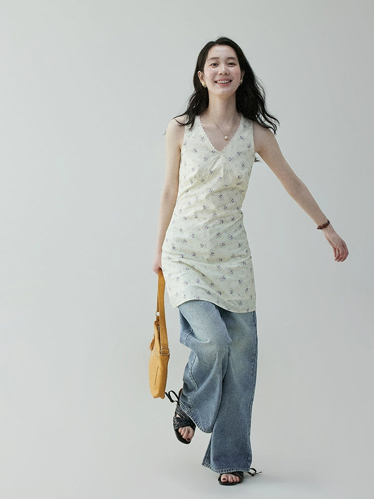 VOOE V Neck Floral Waist Strap Dress